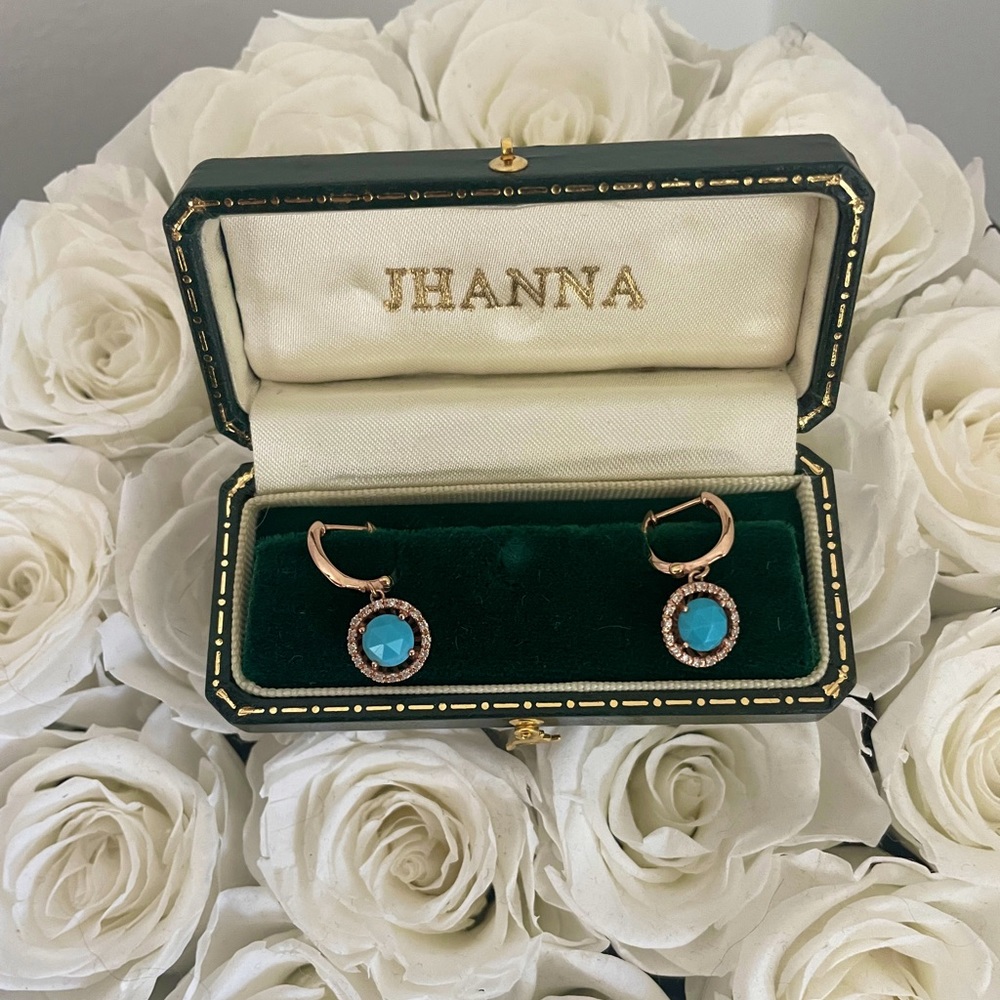 JHANNA fine jewelry Turquoise/Pavè Diamond leverback drop rose gold earrings